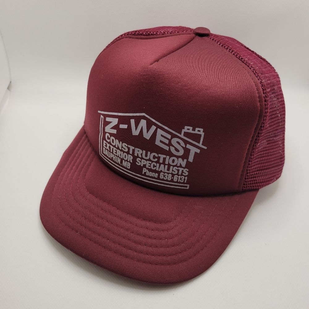 Vintage Dark Red Foam Mesh Snapback Trucker Hat Stacked Z-West Construction Logo